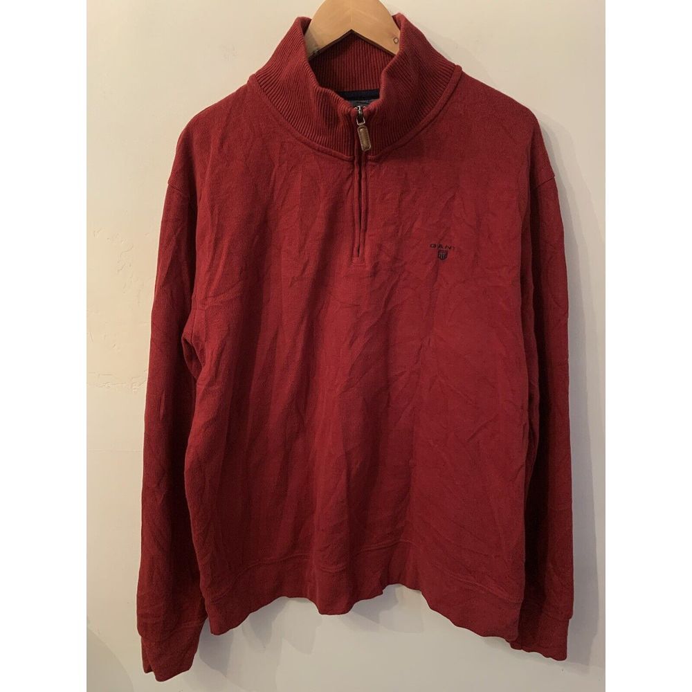 GANT 1/4 Zip Pullover Sweater Bright Red Cotton Size XL Leather Zip Mock Neck